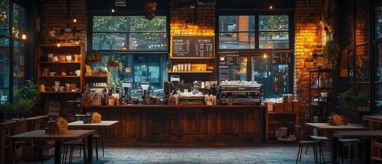 A rustic coffee shop with wooden furniture and brick walls, featuring a bar with coffee equipment and a window overlooking the street.