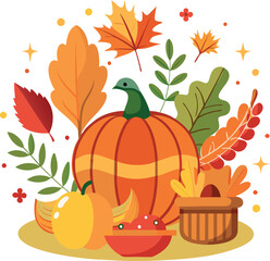 A vector illustration of Thanksgiving icons, showcasing a pumpkin, corn, apple, and various seasonal symbols