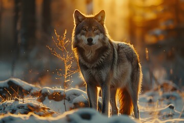 Fototapeta premium Majestic Wolf in a Winter Wonderland at Sunset