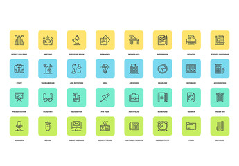 Vector set of office and business flat line web icons. Each icon with adjustable strokes neatly designed on pixel perfect 48X48 size grid. Fully editable and easy to use.
