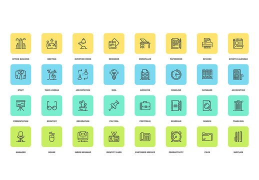 Vector set of office and business flat line web icons. Each icon with adjustable strokes neatly designed on pixel perfect 48X48 size grid. Fully editable and easy to use.