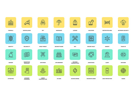 Vector set of security and protection flat line web icons. Each icon with adjustable strokes neatly designed on pixel perfect 48X48 size grid. Fully editable and easy to use.
