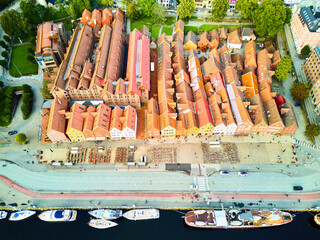 Aerial drone view of famous wooden district Bryggen in Bergen, Norway
