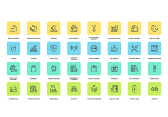 Vector set of fitness and workout flat line web icons. Each icon with adjustable strokes neatly designed on pixel perfect 48X48 size grid. Fully editable and easy to use.