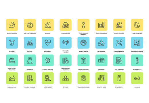 Vector set of fitness and workout flat line web icons. Each icon with adjustable strokes neatly designed on pixel perfect 48X48 size grid. Fully editable and easy to use.