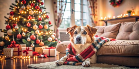 Christmas dog resting in a cozy living room adorned with holiday decorations, creating a festive winter vacation atmosphere