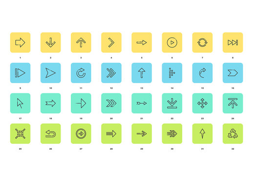 Vector set of arrows flat line web icons. Each icon with adjustable strokes neatly designed on pixel perfect 48X48 size grid. Fully editable and easy to use.