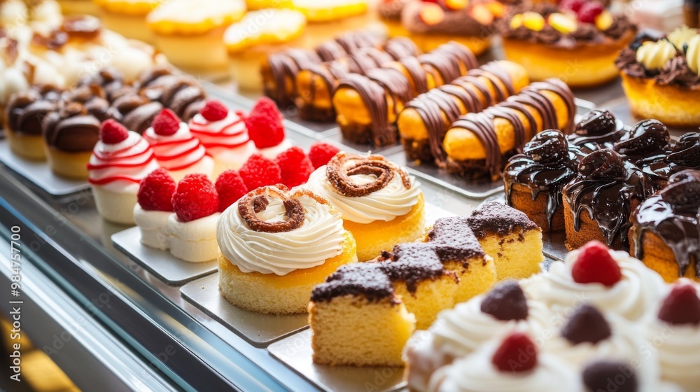 Wall mural A vibrant assortment of pastries and cakes in a bakery display case, highlighting the variety and appeal of sweet treats.