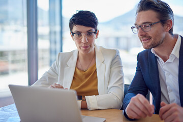 Office, teamwork and business people with laptop for discussion, planning and update company web. Collaboration, assistant and manager with digital for corporate research, project review and results