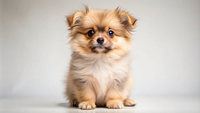 Adorable pomeranian and pekingese mixed breed puppy sitting, looking cute and fluffy