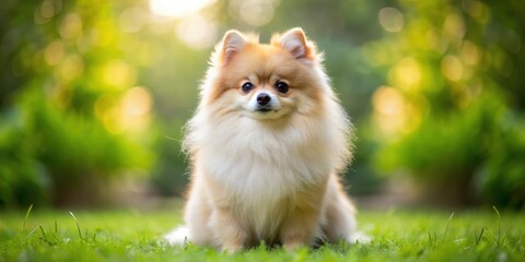 Adorable small pomeranian dog with fluffy coat sitting on grass in a garden