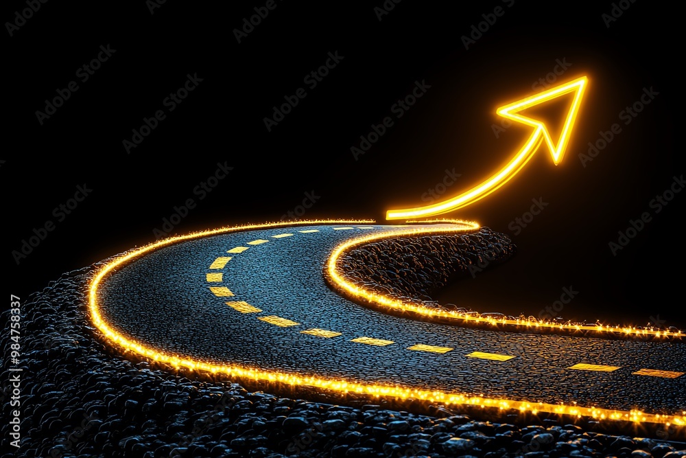 Poster abstract road leading to success, with a glowing arrow representing the path of business development
