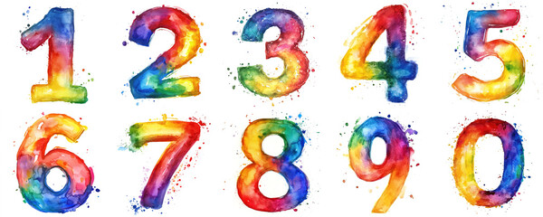 set of watercolor colorful rainbow numbers: 1, 2, 3, 4, 5, 6, 7, 8, 9, 0. isolated on white background