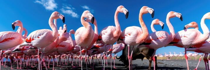 Obraz premium Vibrant flock of flamingos gathered by a shimmering lagoon under a bright blue sky at midday