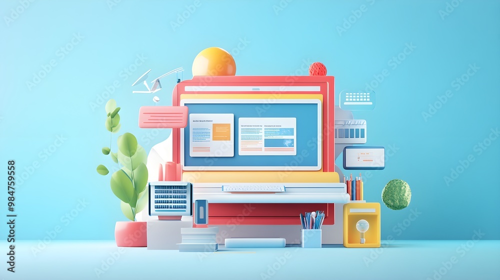 Poster 3d illustration of a computer with colorful objects on a blue background
