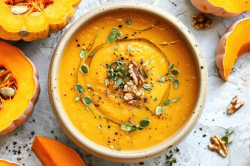 Creamy pumpkin soup garnished with nuts and fresh herbs