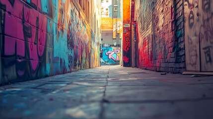 Fototapeta premium Colorful graffiti art lines the walls of a narrow alleyway in the city. Graffiti Alley. Illustration