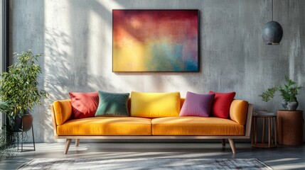 This living room features a stylish minimalist design with a vibrant multicolored sofa, sleek concrete walls, and abundant natural light, creating a contemporary and inviting ambiance
