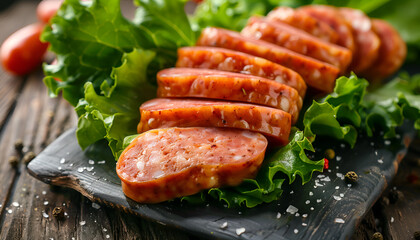 Slices of delicious boiled sausage with lettuce on dark wooden table, closeup