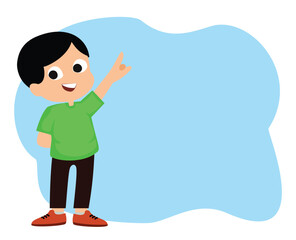 happy cute kid boy with pointing finger to blankspace