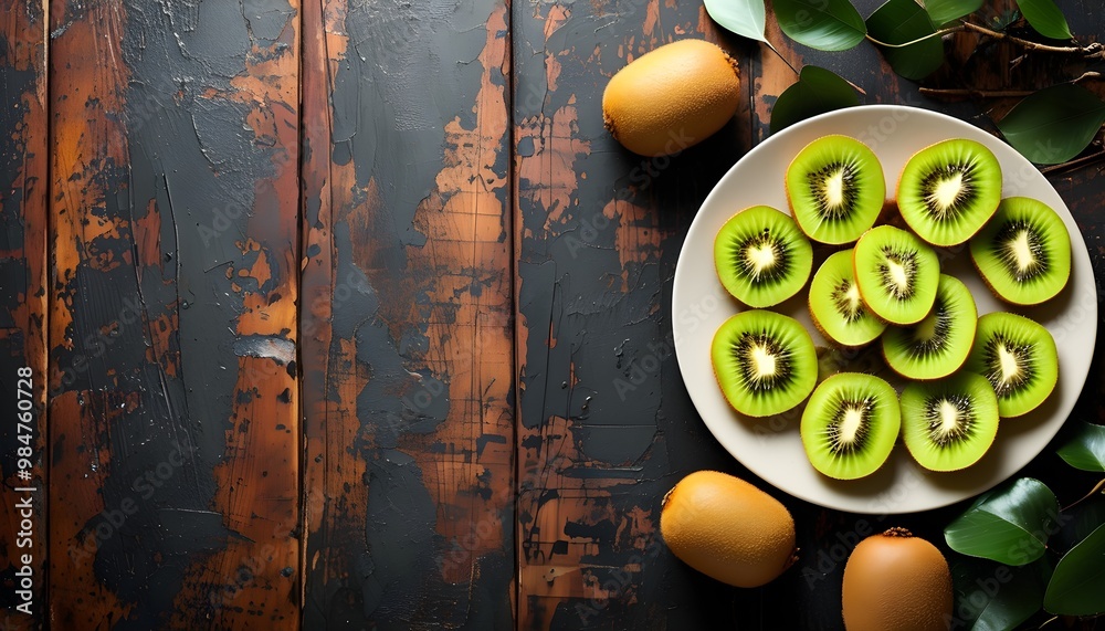 Wall mural Vibrant Kiwi Fruit Arrangement on Table with Vertical Layout and Space for Text