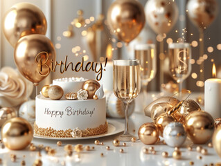 Luxurious White and Gold Birthday Cake with Balloons