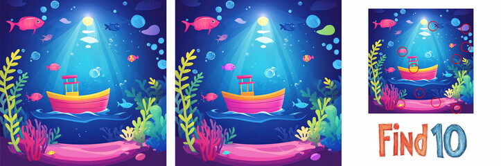 Underwater world, boat, ocean, seaweed and fish. Child educational task. Teaching attentiveness. Find 10 differences, flat illustration.