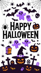 A white background illustration of Halloween-themed elements. There are spiders and spider webs, bats, ghosts, skulls,jack-o'-lanterns, a witch's hat, a graveyard with tombstones,  Generative AI
