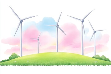 Fototapeta premium A serene landscape featuring wind turbines on a green hill under a pastel sky, symbolizing renewable energy and sustainability.
