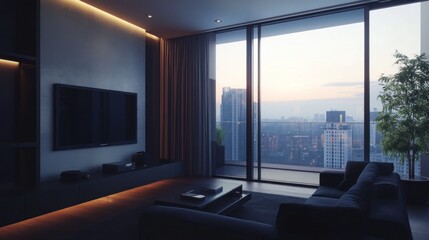 Modern Living Room with City Skyline View