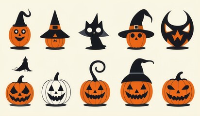 Classic Halloween Icons: A set of simple, flat icons featuring classic Halloween symbols like a pumpkin, ghost, bat, witch hat, black cat, and spider. Each icon has bold, clean lines with a limited co