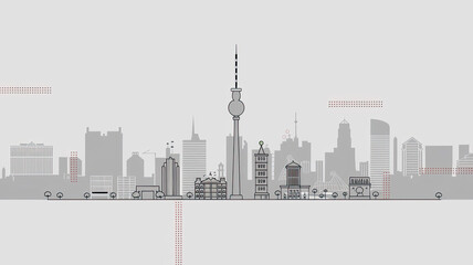 Fototapeta premium a modern-style graphic design poster of Berlin, with a red, white, and blue color scheme. the design features of downtown Berlin skyline. 