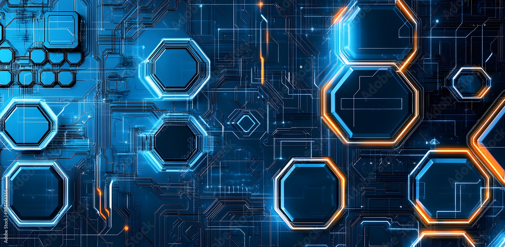 Poster an abstract blue computer technology background has hexagon circuit boards and circles in technology