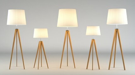 This presentation features a variety of table and floor lamps, showcasing diverse lampshades made from wood and fabric in soothing neutral colors against a grey backdrop