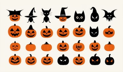Fototapeta premium Halloween icons a pumpkin, ghost, bat, witch hat, black cat, and spider