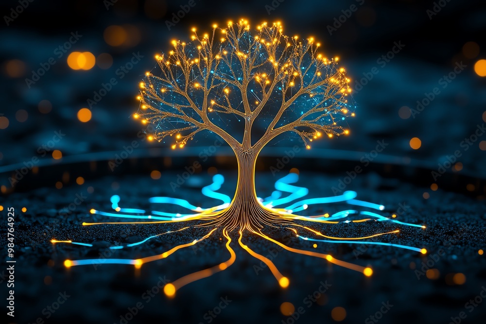 Poster Abstract tree with glowing branches, symbolizing growth and business development in multiple areas