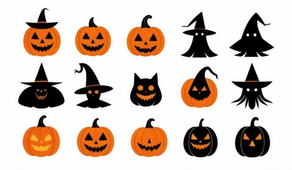 Halloween icons a pumpkin, ghost, bat, witch hat, black cat, and spider