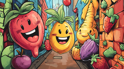 Cartoon cute doodles of smiling fruits and vegetables painting graffiti on alley walls, generative ai. Graffiti Alley. Illustration