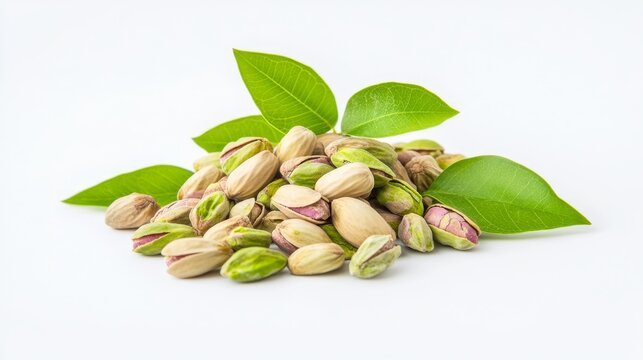 A pile of pistachio nuts with green leaves, set against a plain white background.