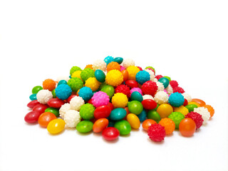 A pile of mixed colorful sweet candies on a clean white background. multicolor confectionery treats for birthdays