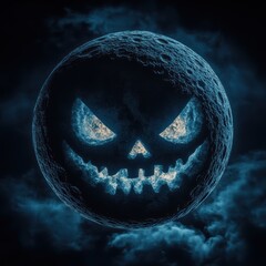 Creepy glowing Jack-o'-lantern moon in night sky
