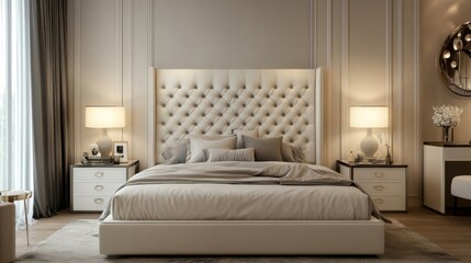 A well-designed bedroom featuring a stylish bed with a tufted headboard, complemented by elegant bedside lamps and a minimalist decor.
