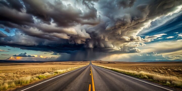 Dramatic Storm Clouds Over Vast Landscape Awe-Inspiring Road to the Unknown under Ominous Skies - Atmospheric Nature Photography for Travel, Weather, and Exploration Concepts