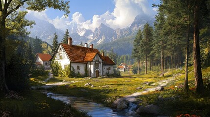 Obraz premium Mountain Cottage Village