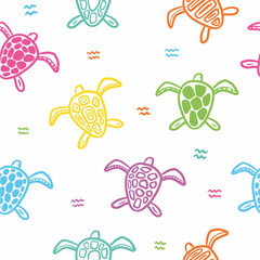 Vector seamless pattern with sea turtles hand-drawn in doodle style