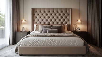 A well-designed bedroom featuring a stylish bed with a tufted headboard, complemented by elegant bedside lamps and a minimalist decor.