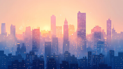 Fototapeta premium City skylines at dawn: close-up of city skylines at dawn, early morning light, and waking cityscape, highlighting the city's peaceful and awakening beauty. City Skyline. Illustration