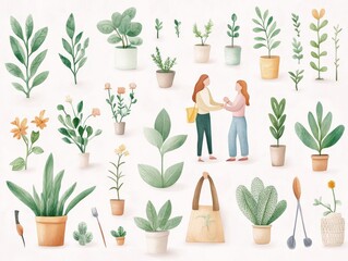 A vibrant collection of plants, pots, and two people engaging in conversation about gardening and nature.