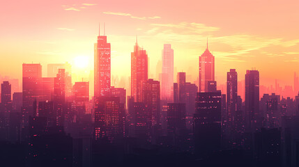 Fototapeta premium City skylines at dawn: close-up of city skylines at dawn, early morning light, and waking cityscape, highlighting the city's peaceful and awakening beauty. City Skyline. Illustration