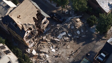Fototapeta premium An aerial view of a collapsed building, with debris scattered across the street, highlighting the aftermath of a disaster.